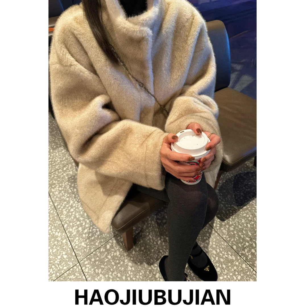 好久不见杏色立领毛毛外套