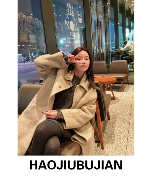 好久不见杏灰色翻领羊毛大衣