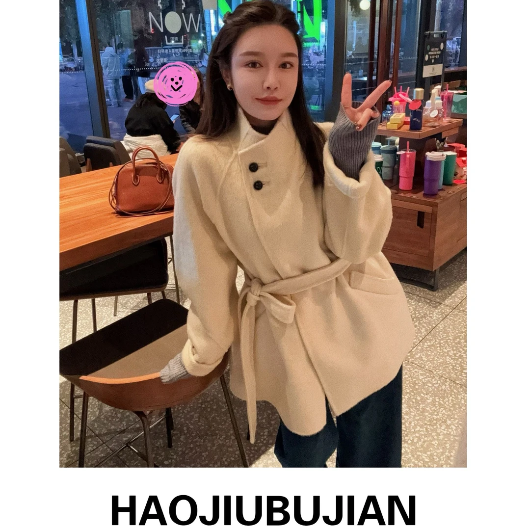 好久不见米白色腰带羊毛大衣