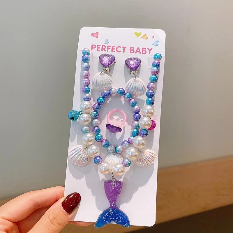 公主美人鱼尾巴儿童项链小女孩贝壳珍珠幻彩手工串珠手链首饰套装