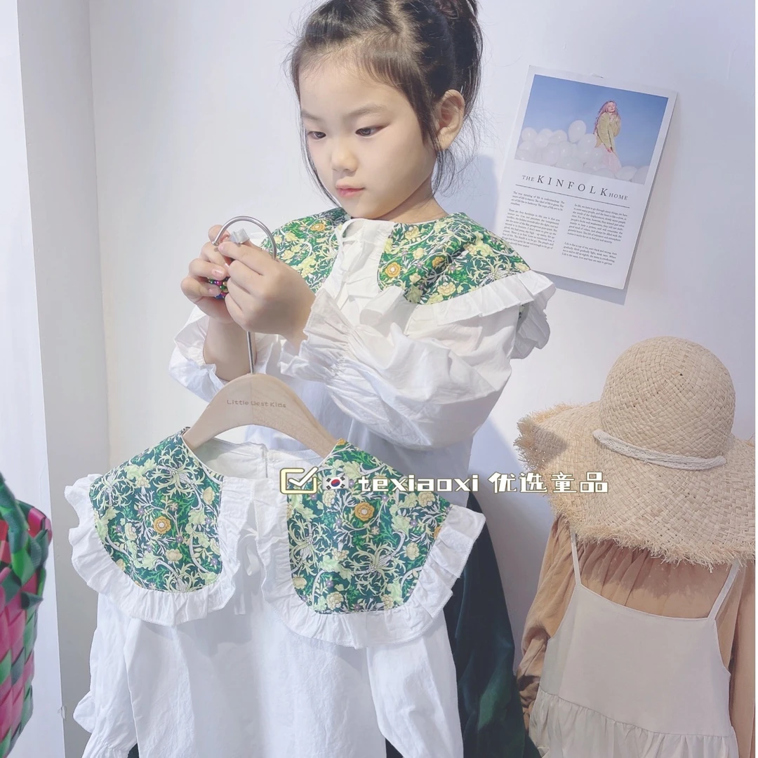 女童衬衫春秋2024新款韩版白色绿薄棉气质甜美翻领儿童女宝宝上衣