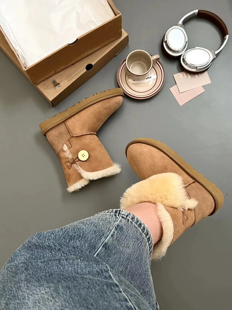 【中筒经典木扣】桑坡时尚秋冬皮毛一体雪地靴加厚保暖