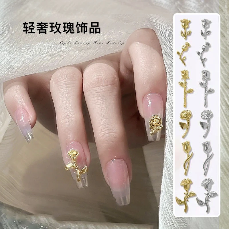 网红美甲饰品金色合金玫瑰花热卖轻奢 ins风立体花花指甲配饰批发