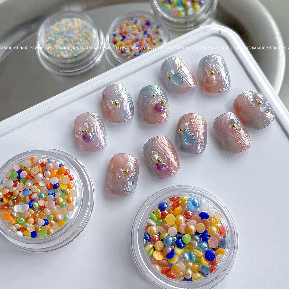 彩色半圆陶瓷大小珍珠美甲饰品不掉皮钢珠多色混装指甲小配件批发