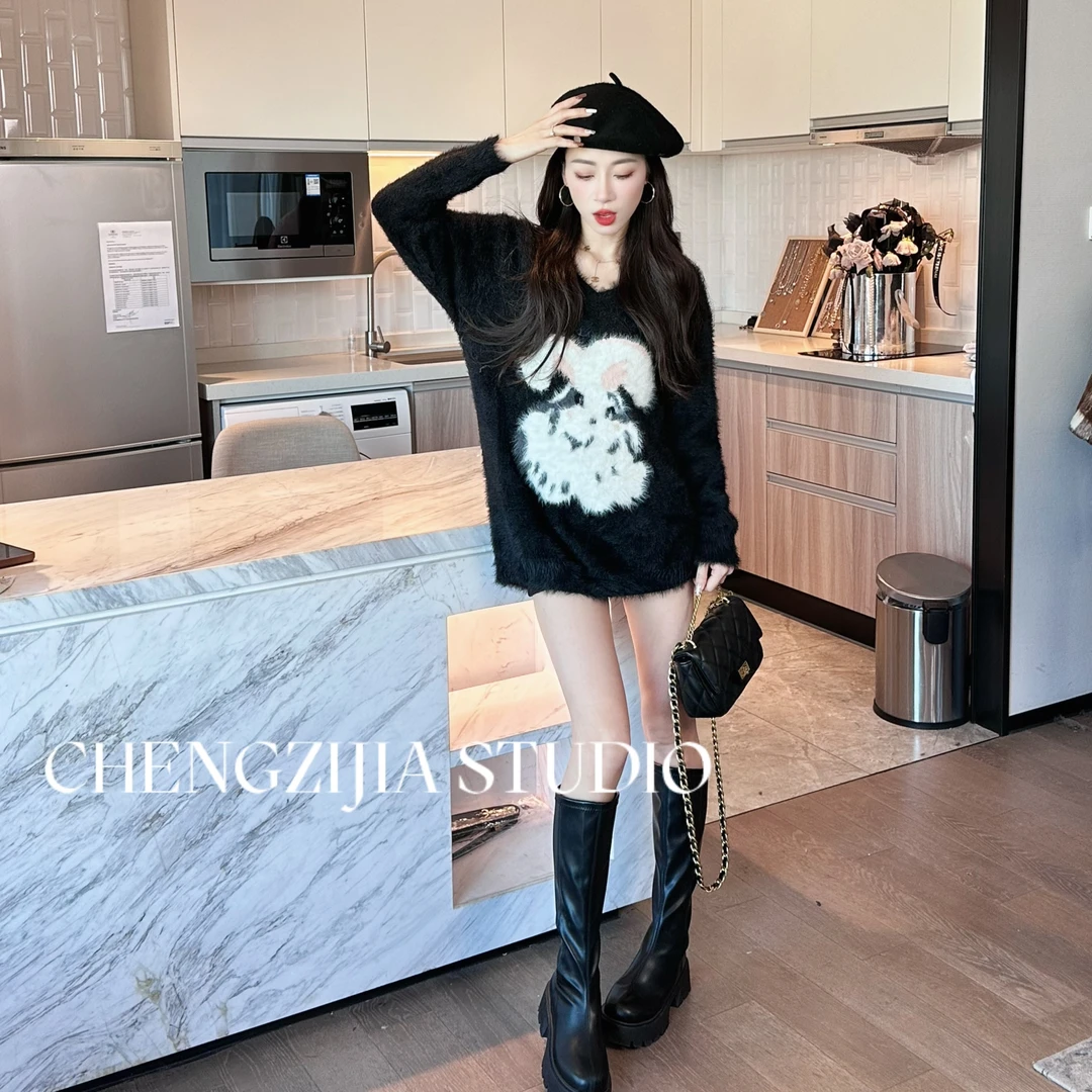 MY0328兔子V领慵懒风毛衣