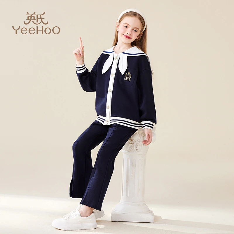 英氏女童春季新款长袖套装儿童海军淑女领结两件套YS2401213