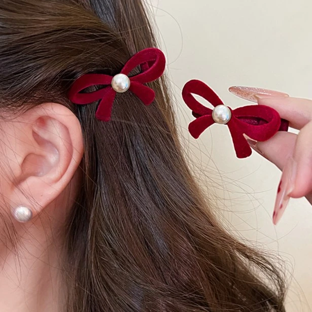 新年简约红蝴蝶结发夹头饰可爱小号刘海夹女前额侧边夹子新款冬季