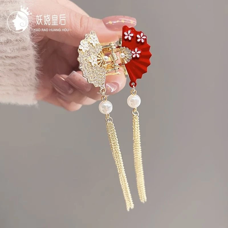 中国风汉服流苏古风抓夹新年红蝴蝶鲨鱼夹盘发发夹女扇子步摇发夹