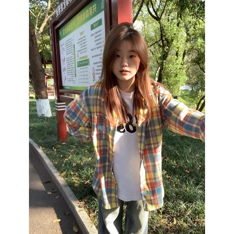 彩色格子衬衫女潮牌春秋2024新款美式复古设计感小众宽松上衣外套