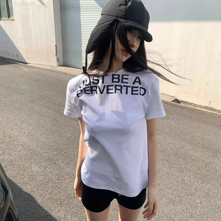 2024夏季新款美式修身字母短袖T恤女正肩设计感白色辣妹短款上衣
