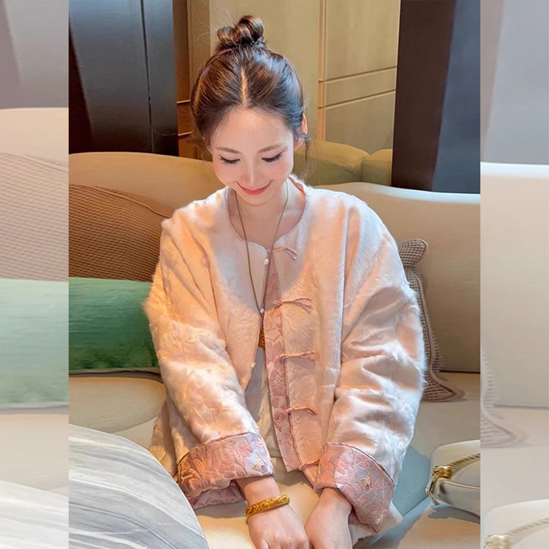 2024新款新中式国风女装年轻版唐装小个子短款粉色盘扣外套女秋冬