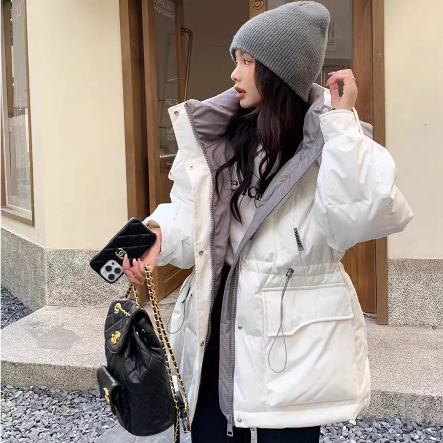 工装连帽羽绒服女冬季2024新款韩版中长款白鸭绒加厚宽松休闲外套