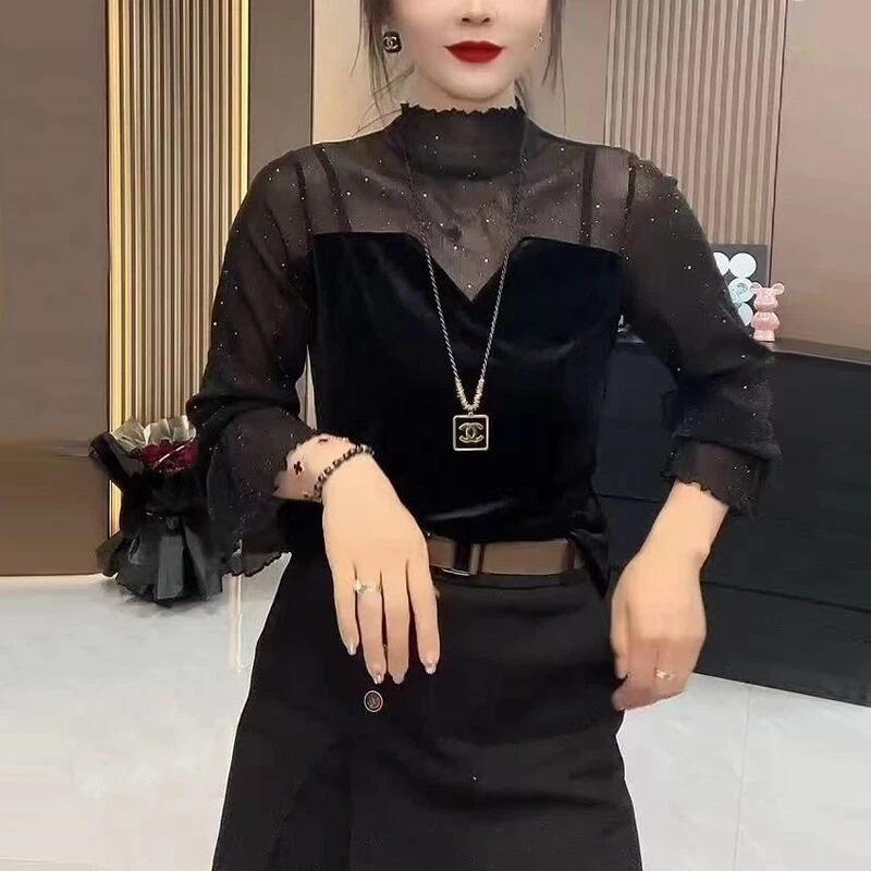 6231秋冬拼接网纱丝绒打底衫女高领洋气修身显瘦小香风爆款亮闪闪