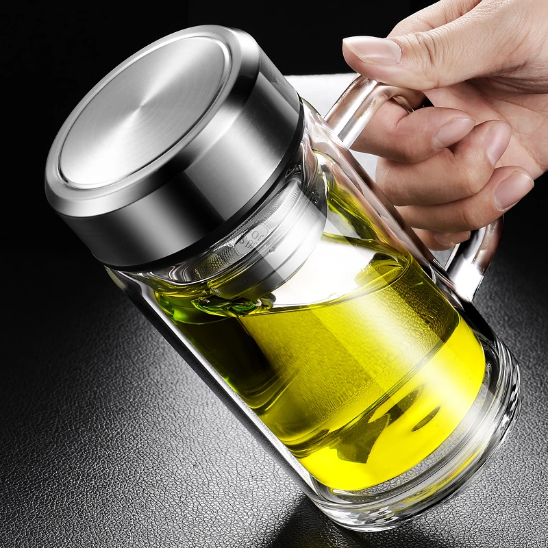 双层玻璃杯男士大容量带把手柄水杯高硼硅玻璃泡茶杯高档办公专用