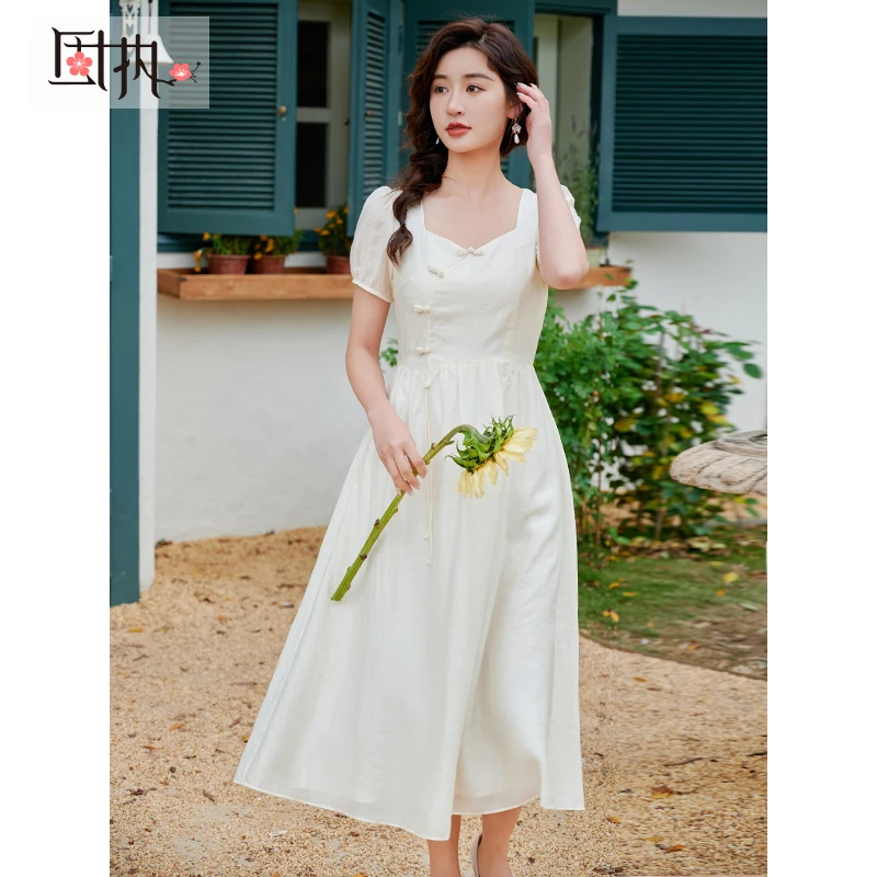 固执夏季新款中国风短袖中长款连衣裙80132LQ07912教师面试连衣裙