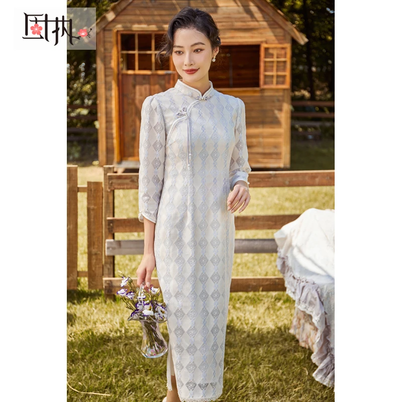 固执秋季中国风蕾丝长袖改良旗袍中长连衣裙71433QP08290