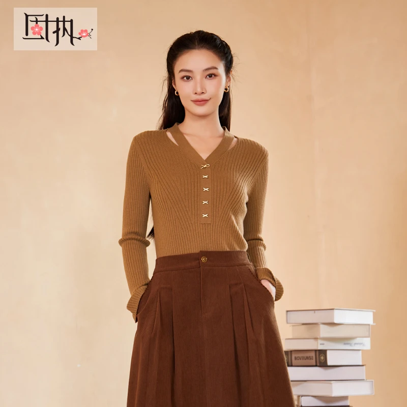 【丽公主】固执秋季新款v领百搭修身针织衫毛衣女装8614