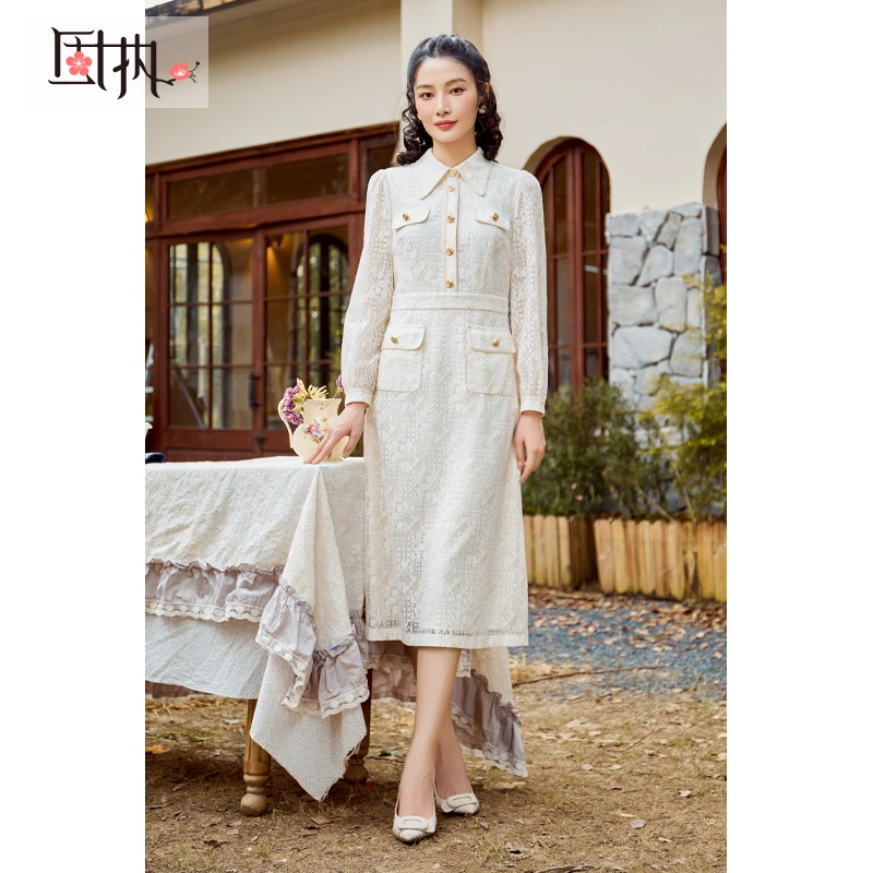 固执秋季新款小香风翻领长袖蕾丝中长连衣裙10833LQ08275