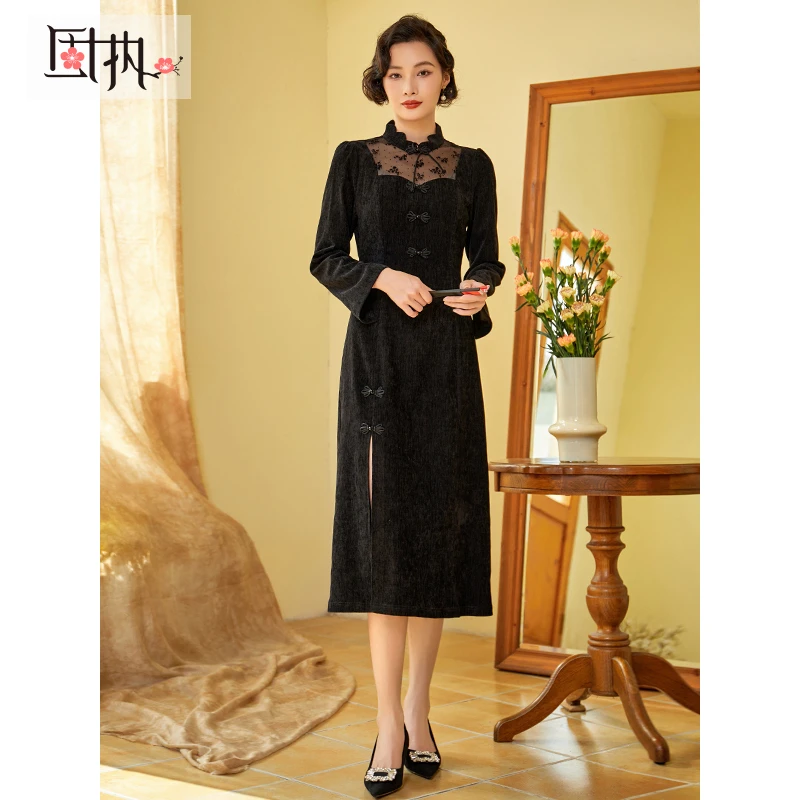 固执秋冬新款新中式长袖中长款改良旗袍裙00034QP08464