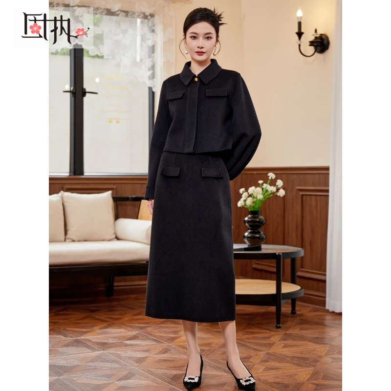 固执秋冬新款学院双面毛呢短外套中长半身裙套装00034TZ08709