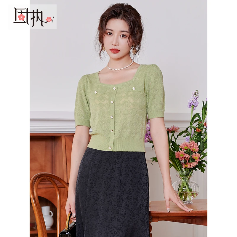 固执夏款女新款法式气质方领短袖针织衫上装43132MY08099上衣复古