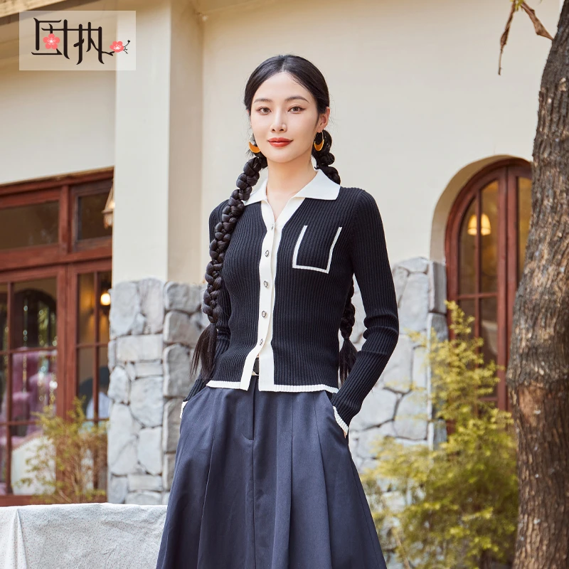 【小云总】固执秋季新款学院风时尚撞色翻领长袖针织衫毛衣女装8544