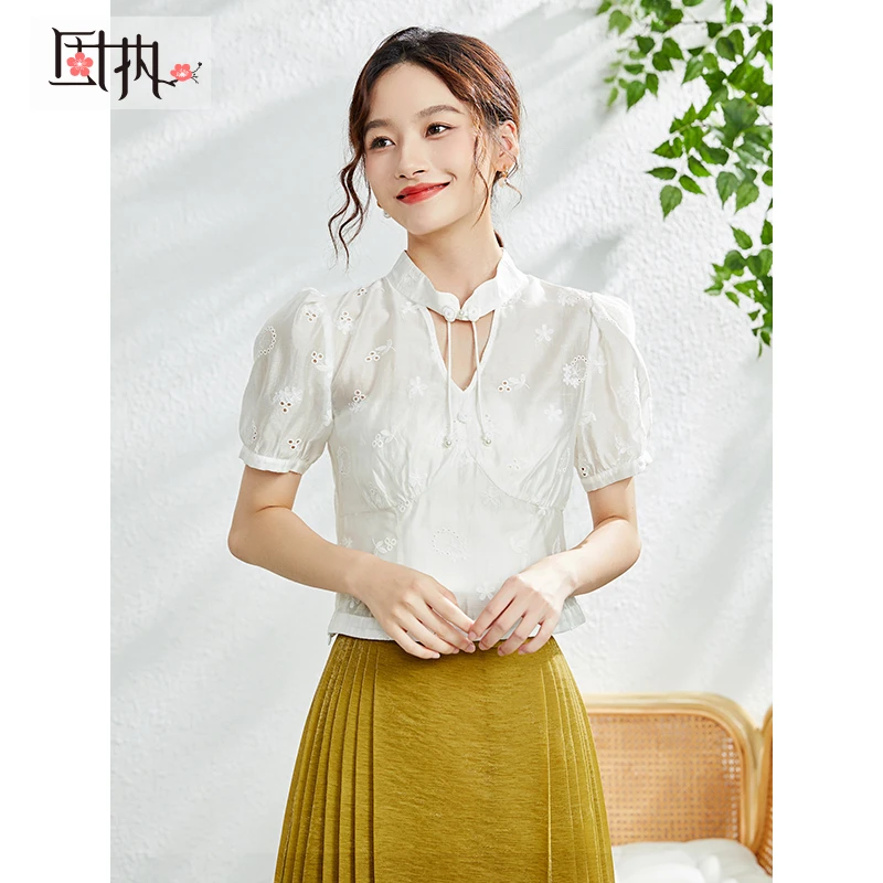 固执夏季新款中式气质蝴蝶结刺绣立领短款上衣女10832XS08123