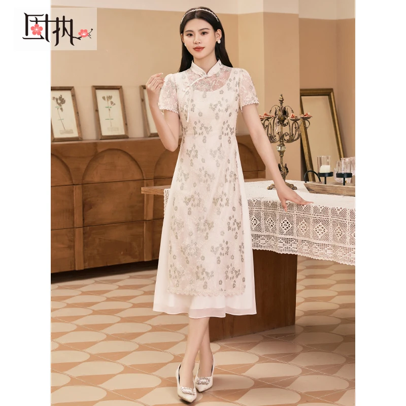 固执夏季新款中国风刺绣蕾丝改良旗袍中长连衣裙12332QP08155