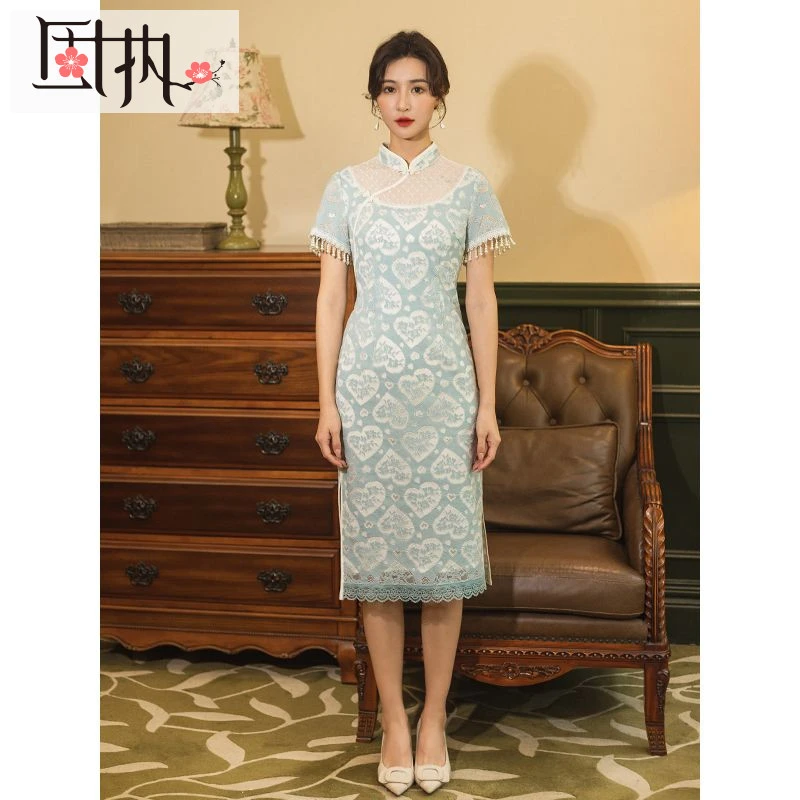 固执夏季新款短袖流苏蕾丝旗袍中长连衣裙30422QP07297气质