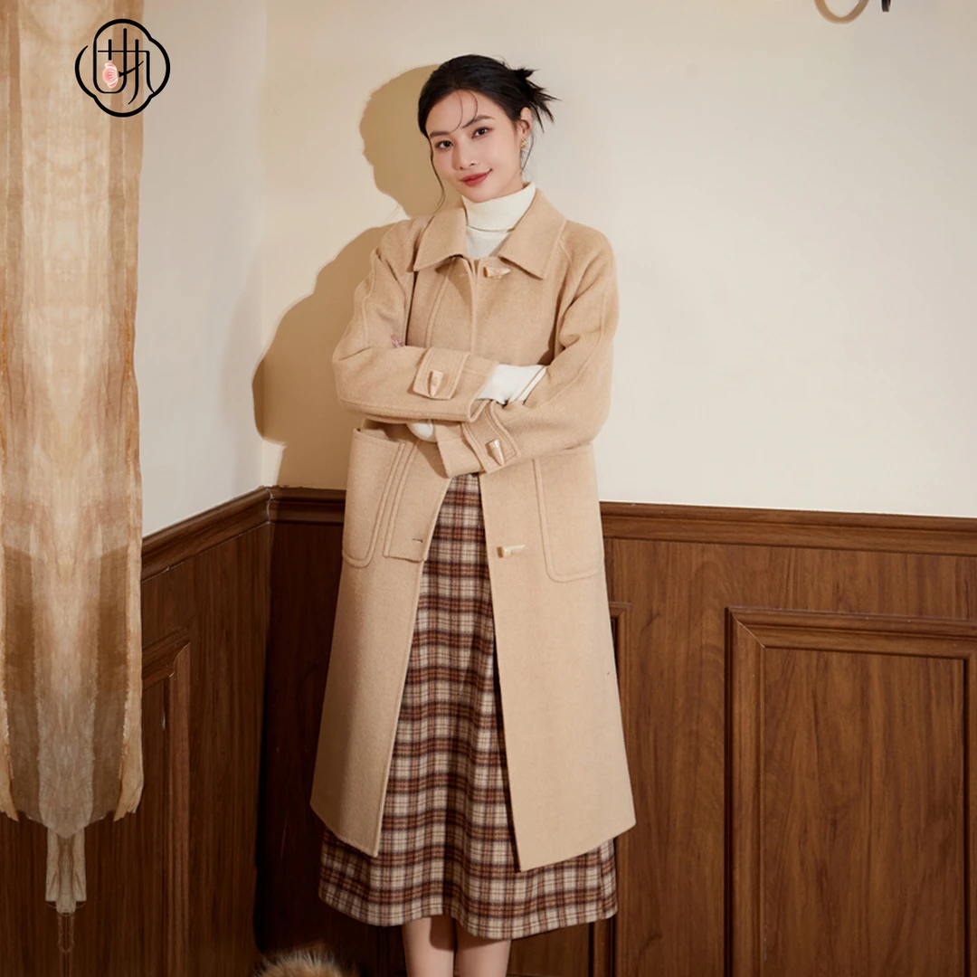 【丽公主】固执秋冬新款学院风翻领中长双面毛呢大衣外套女8703