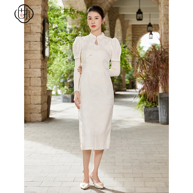 固执秋季新款中式改良提花长袖旗袍中长款连衣裙10833QP08346