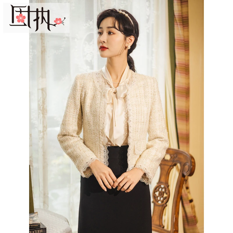 固执春季新款短款格子花边长袖外套80121DT07096女装