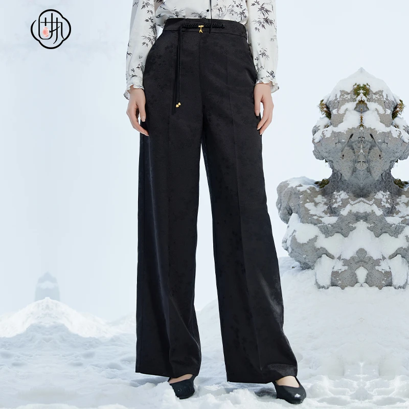 固执2024秋季新款中式复古黑色百搭气质提花休闲直筒长裤女