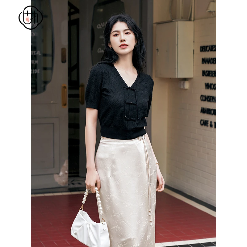 固执夏季新款中式v领流苏泡泡袖短款针织衫女装00042MY09315