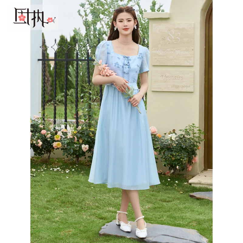 固执夏季新款中国风方领短袖拼接中长连衣裙30032LQ08191