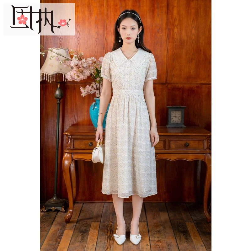 固执夏季新款欧式短袖碎花雪纺中长连衣裙80122LQ07435
