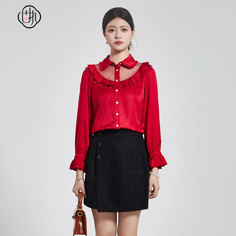 固执秋冬娃娃领拼接网纱长袖衬衫女97613CS06773