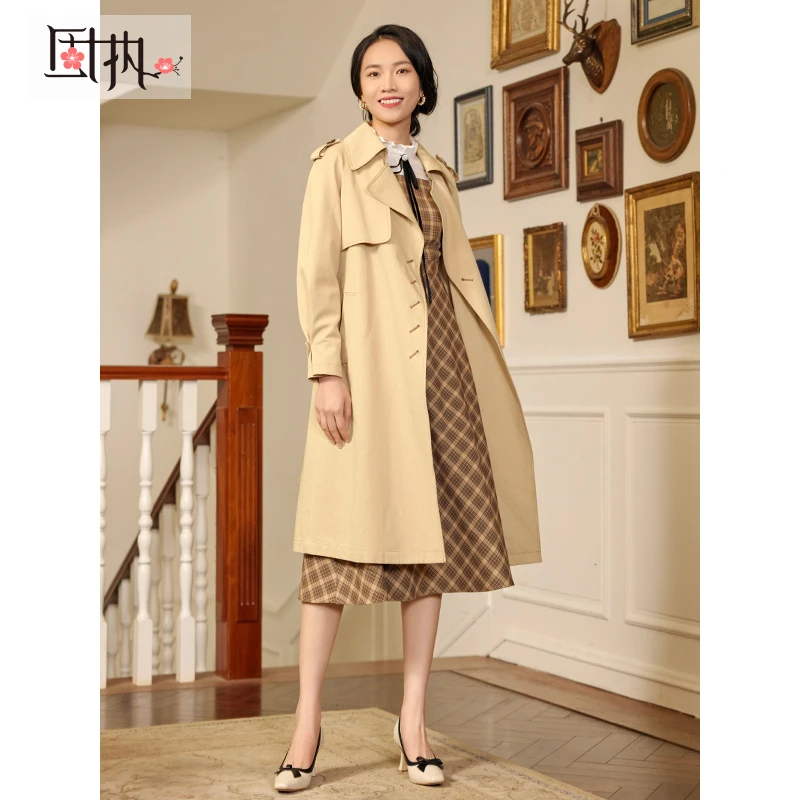 固执春季新款复古收腰带单排扣风衣外套女90131FY07947气质时尚