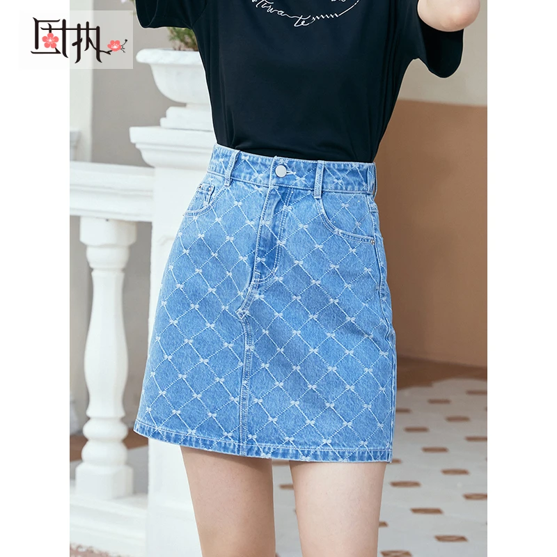 固执夏季新款学院风格子牛仔a字短裙32232BQ08167半身裙时尚修身