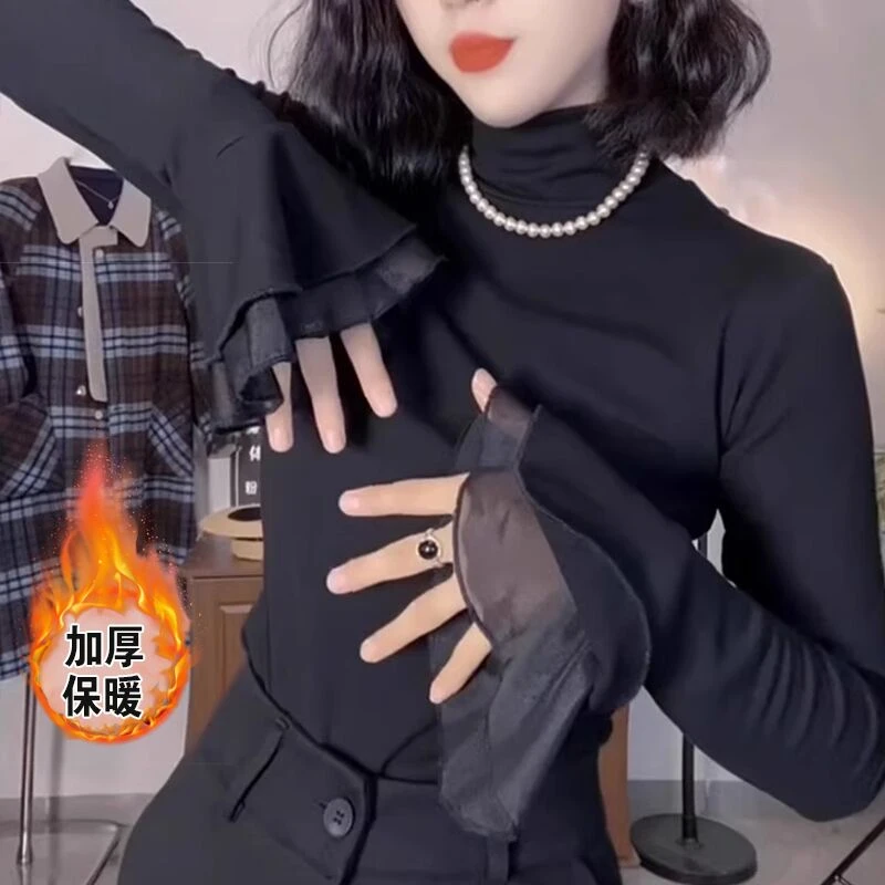 蛇骨纹加绒加厚保暖气质时尚修身喇叭袖设计女神范半高领打底衫潮