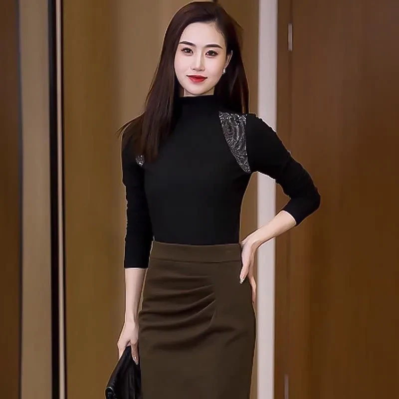 双肩烫钻打底衫女秋冬2024新款加厚洋气半高领内搭精致百搭上衣