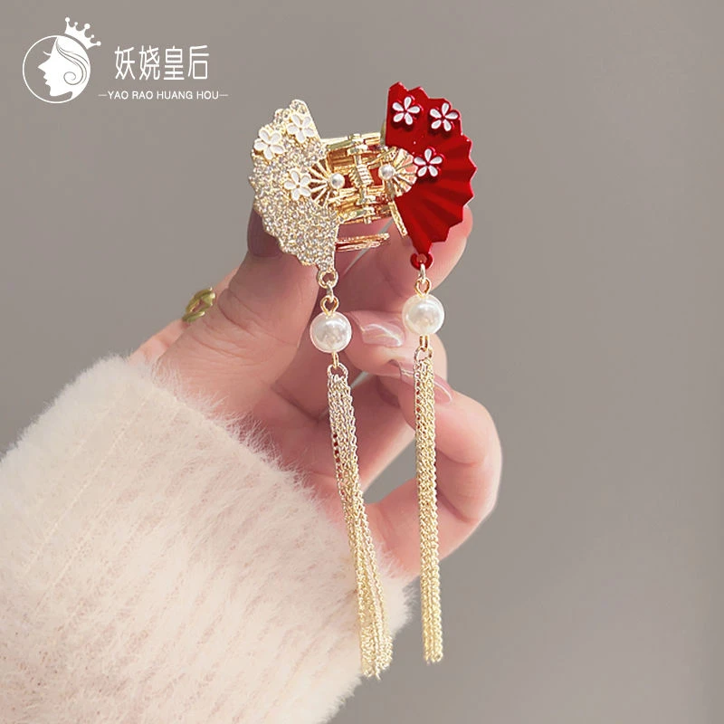 汉服流苏古风抓夹新年红蝴蝶鲨鱼夹盘发发夹女中国风扇子步摇发夹