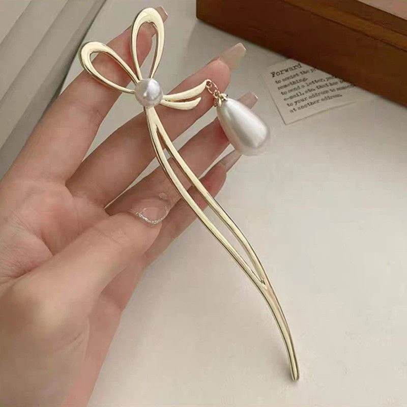 一颗珠珠蝴蝶结发簪女高级感盘发发钗子韩式简约现代金属簪子头饰
