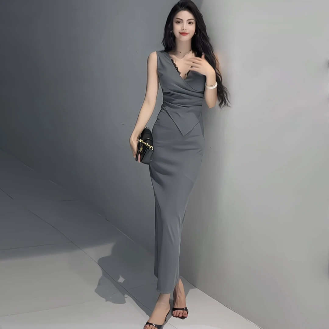 新款V领蕾丝领口开叉连衣裙气质修身优雅直筒裙百搭背心短袖裙子