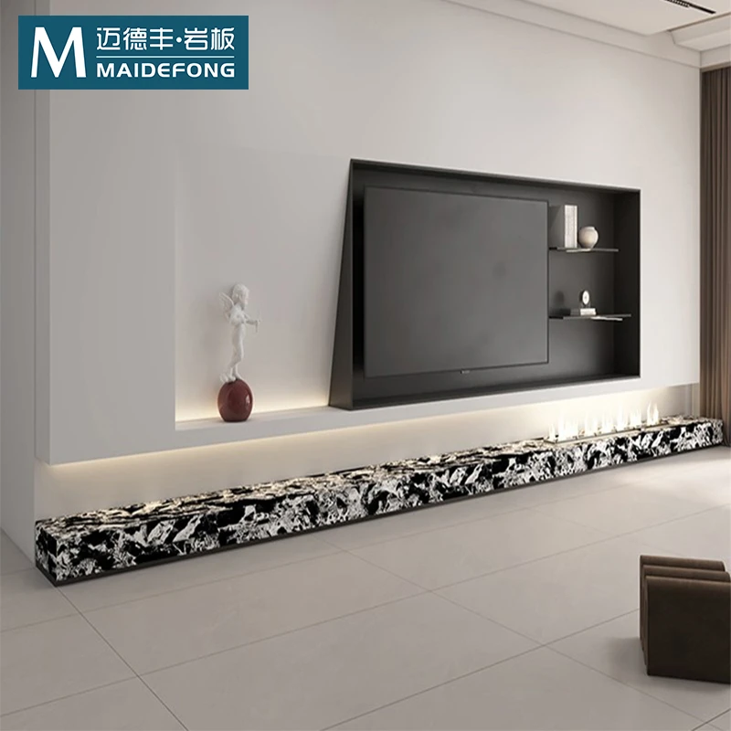 海棠角岩板电视柜定制黑色地台无缝拼接极简地柜长条客厅电视机柜