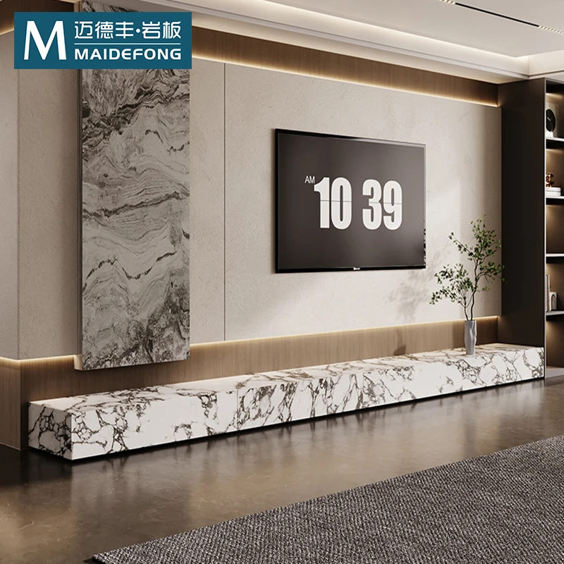 宝格丽白岩板地台长条定制意式极简客厅电视柜客厅电视柜