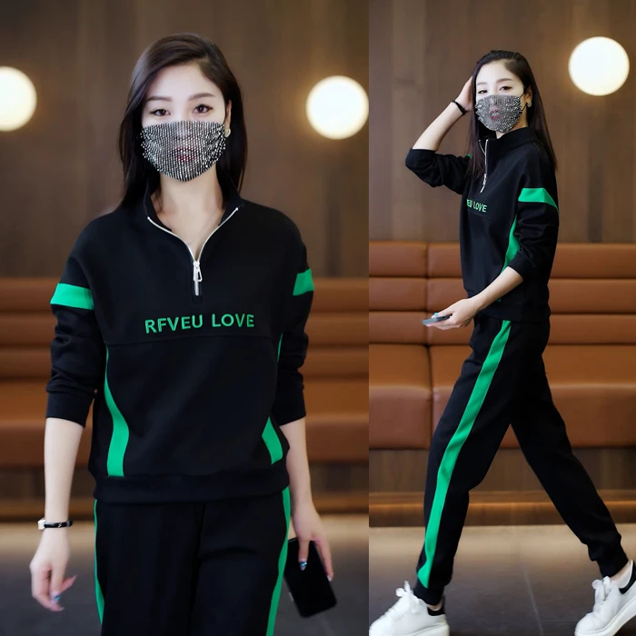 休闲套装女款爆款2023新款春秋女装时尚显瘦运动套装宽松立领减龄