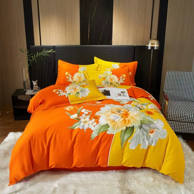 秋冬款纯棉四件套100全棉床单被套4件套纯棉床上用品午后初晴桔