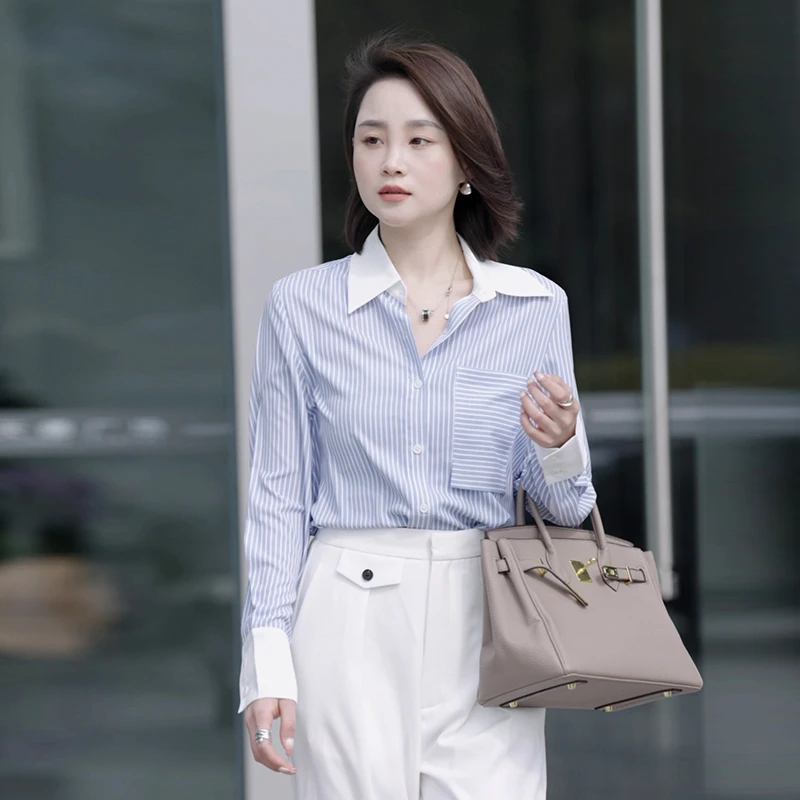 西野妮-条纹衬衫女春夏拼接设计感小众职业气质ol高级感衬衫22198