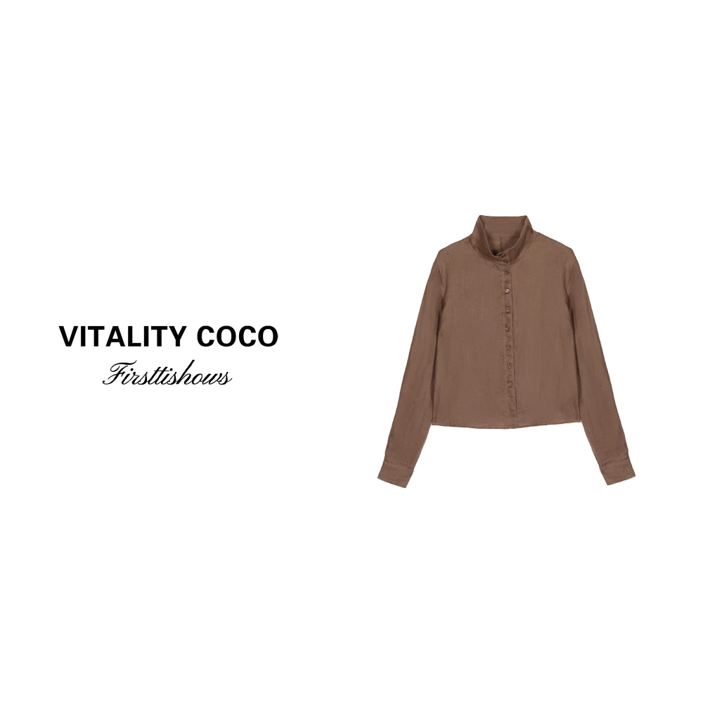 「VITALITY COCO」【棕标甄选】复古休闲极简立领亚麻衬衫-1302